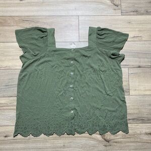 Torrid Womens Washable Gauze‎ Square Neck Eyelet Top Size 2 Green